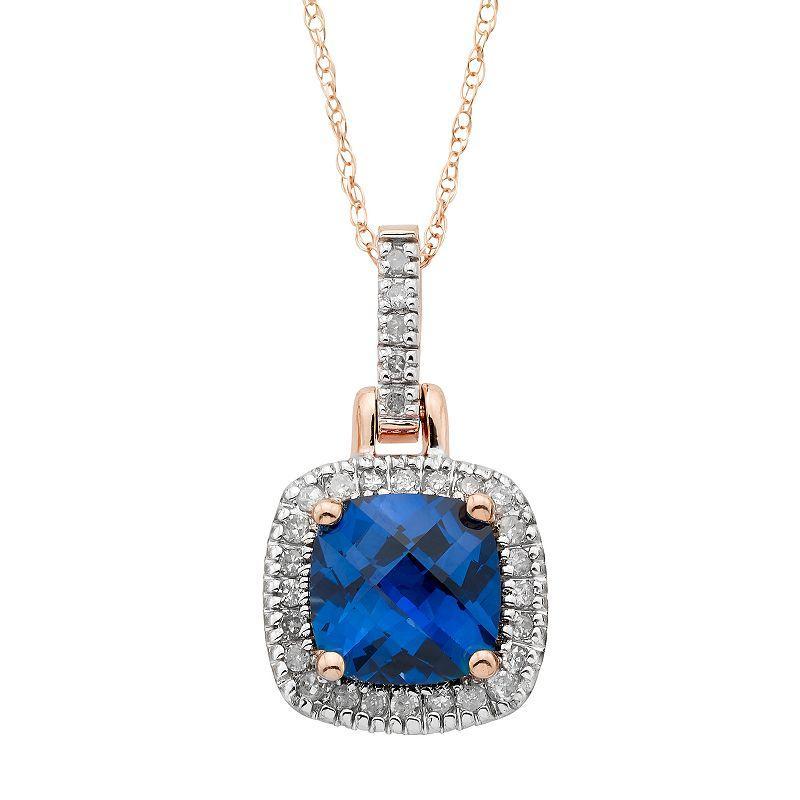 10k Gold Lab-Created Blue Sapphire & 1/8 Carat T.W. Diamond Halo Pendant Necklace, Womens Yellow Product Image