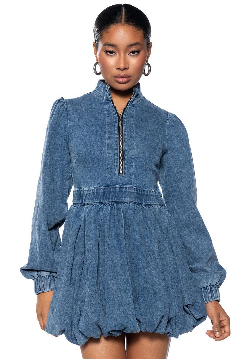 PASS THE BUBBLY DENIM MINI DRESS Product Image