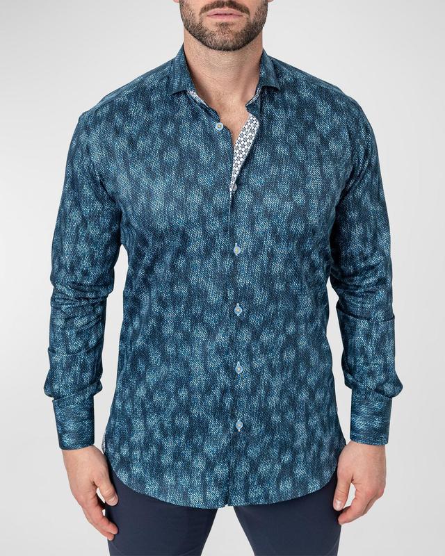 Maceoo Einstein Leaves Micro Print Blue Contemporary Fit Button-Up Shirt Product Image