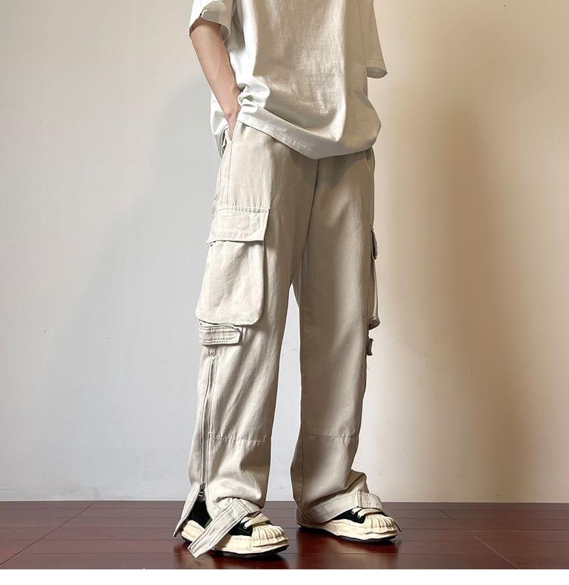 Mid Rise Plain Zip Slit Loose Fit Cargo Pants Product Image