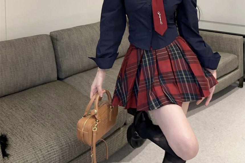 Long-Sleeve Lettering Shirt / Plaid Mini Pleated Skirt / Tie / Set Product Image