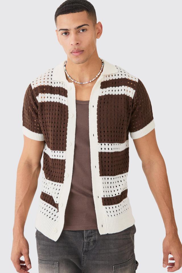 Open Stitch Striped Knitted Shirt In Brown | boohooMAN USA Product Image