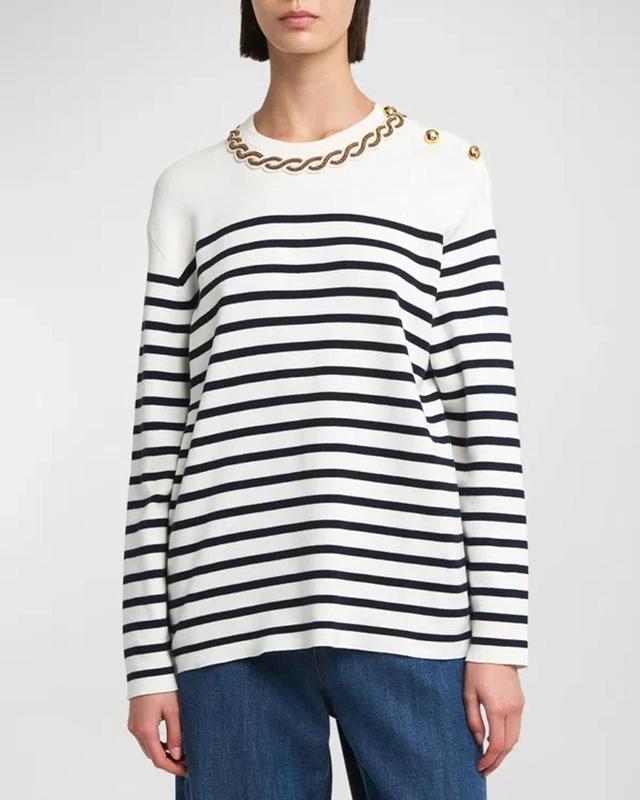 Beaded-neck Button-shoulder Striped Sweater In Blue Product Image