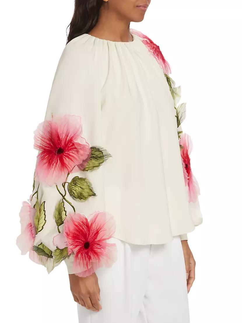 Appliqué Floral Hibiscus Silk-Blend Georgette Blouse Product Image