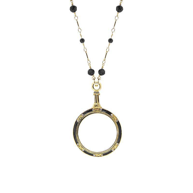 1928 Gold Tone Beaded Enamel Magnifier Glass Necklace, Womens, Black Product Image