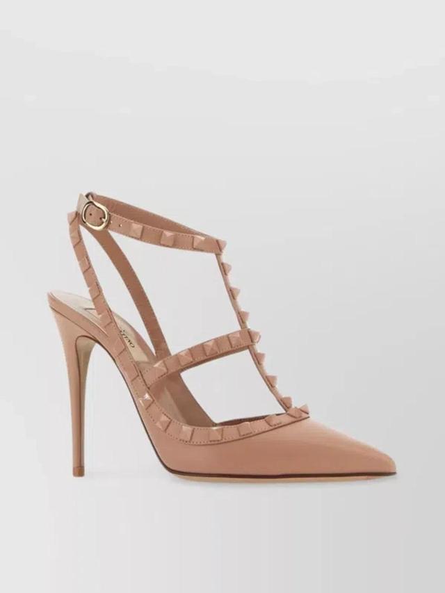 Rockstud Leather Pumps Pointed Toe In Neutral Product Image