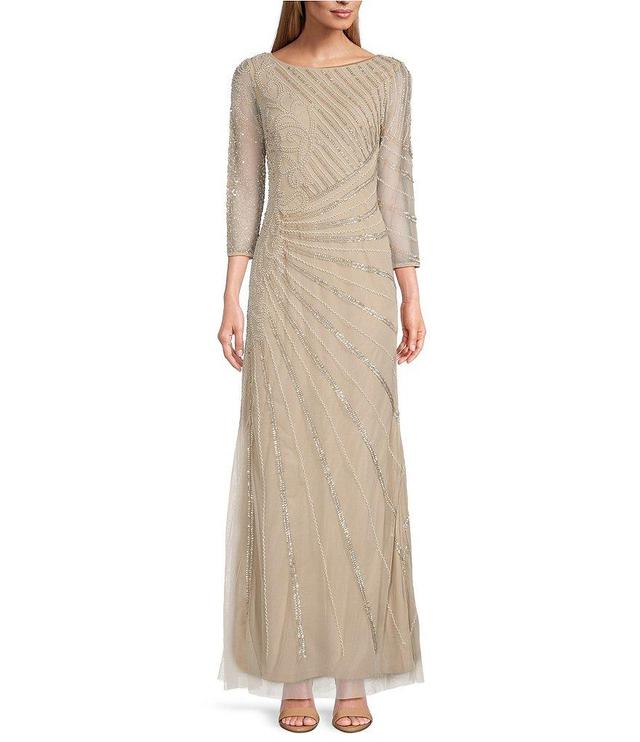 Adrianna Papell 3/4 Sheer Sleeve Boat Neck A-Line Beaded Mesh Gown Product Image