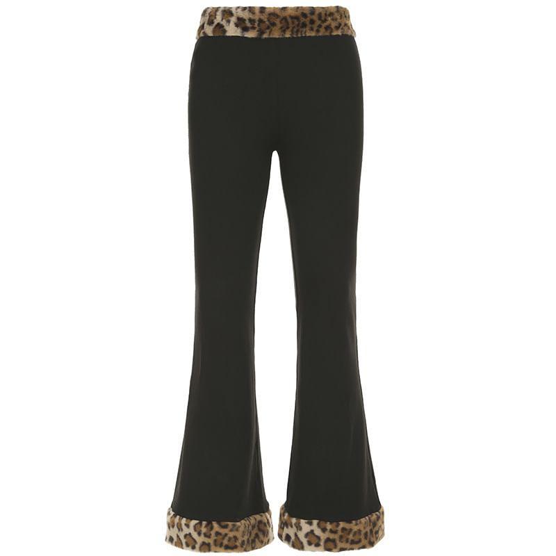 Faux Fur Panel Bow Accent Leopard Print Tube Top / Low Waist Paneled Slim-Fit Boot-Cut Pants Product Image