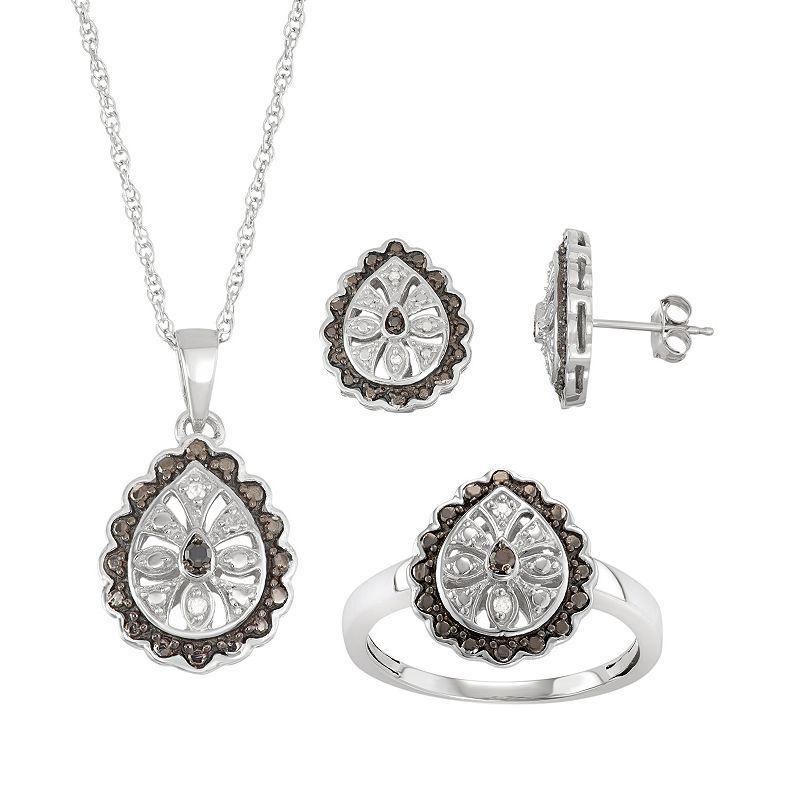 Sterling Silver 1/10 Carat T.W. Black & White Diamond Flower Teardrop Jewelry Set, Womens, Size: 6 Product Image