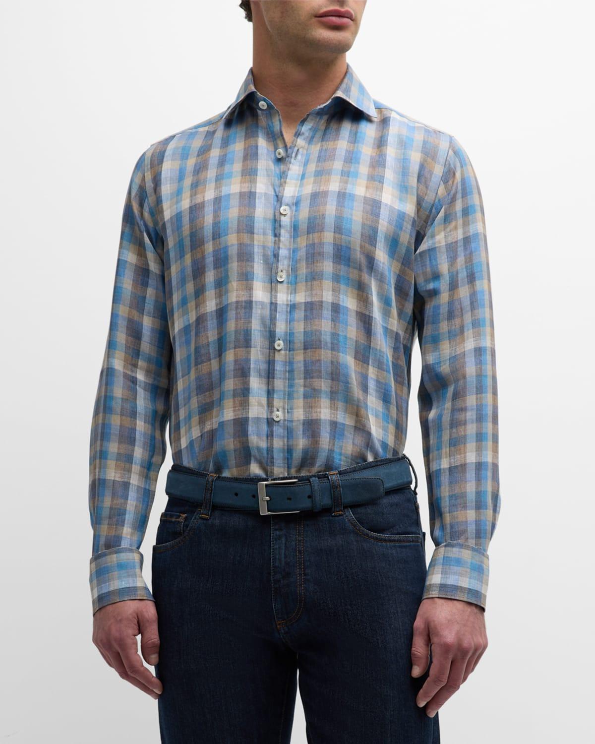 Mens Linen Check Casual Button-Down Shirt Product Image