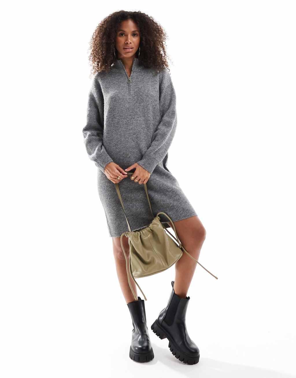 ONLY half zip midi sweater dress in dark gray melange Product Image