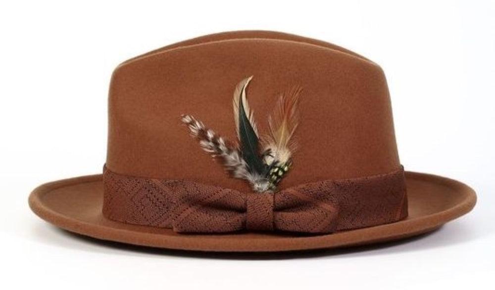 Cognac Wool Felt Dress Hat with Feather Accent Product Image