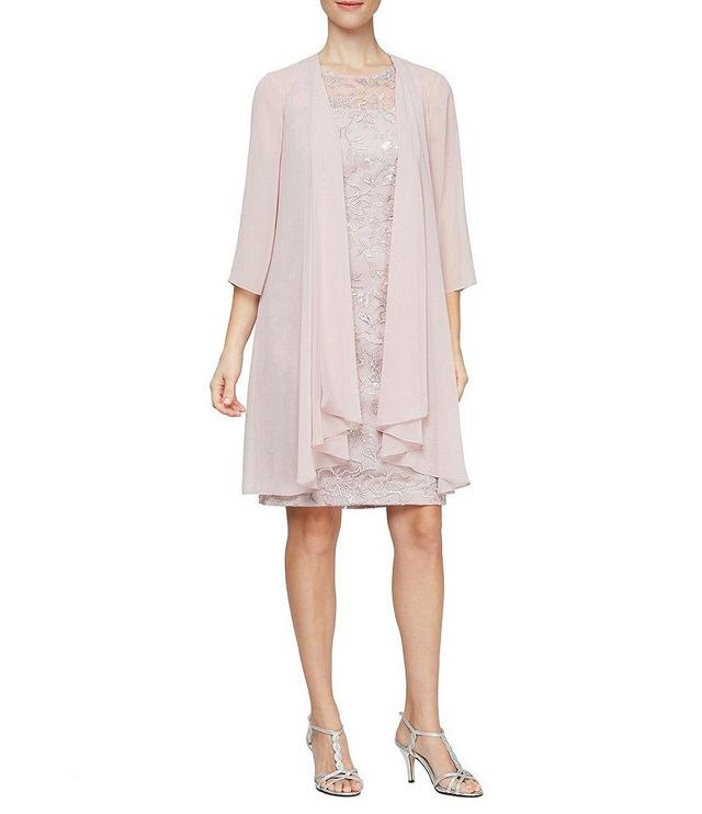 Alex Evenings Petite Size Embroidered Sheath Chiffon 2-Piece Jacket Dress Product Image