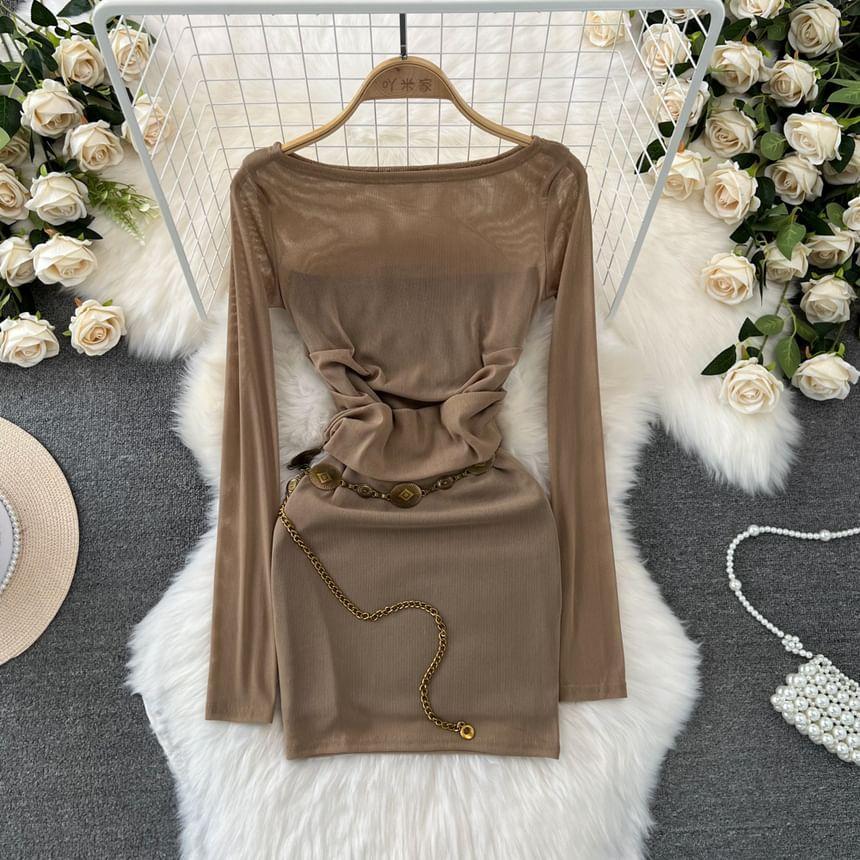 Set: Long-Sleeve Boat Neck Plain Mini Sheath Dress + Tube Top Product Image