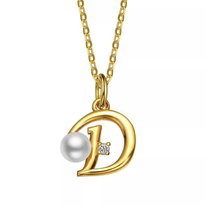 14k Gold Plated Simulated Pearl Initial Pendant Necklace, Womens Yellow Product Image