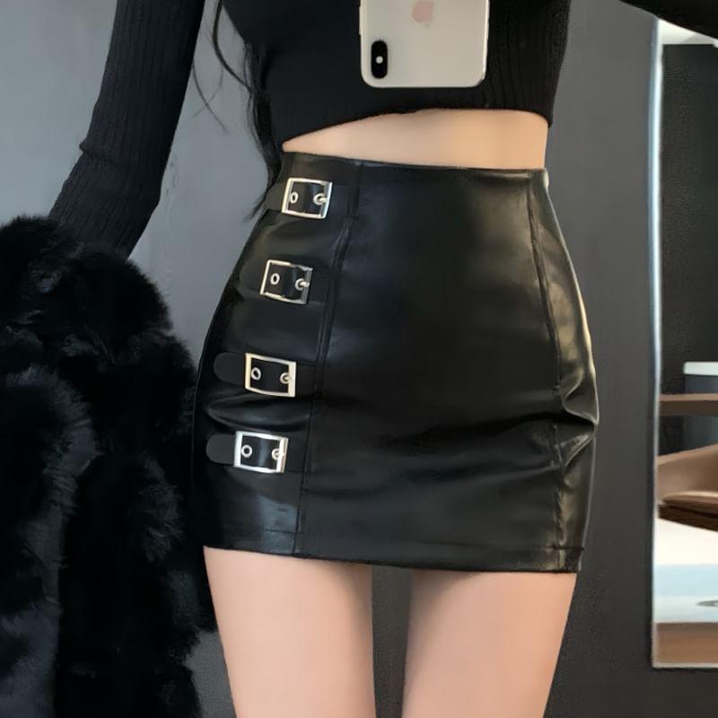 High Rise Plain Buckled Faux Leather Mini Pencil Skirt Product Image