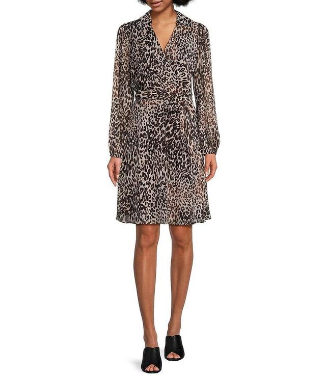 DKNY Cheetah Print Surplice V-Neck Long Balloon Sleeve Faux Wrap Dress Product Image