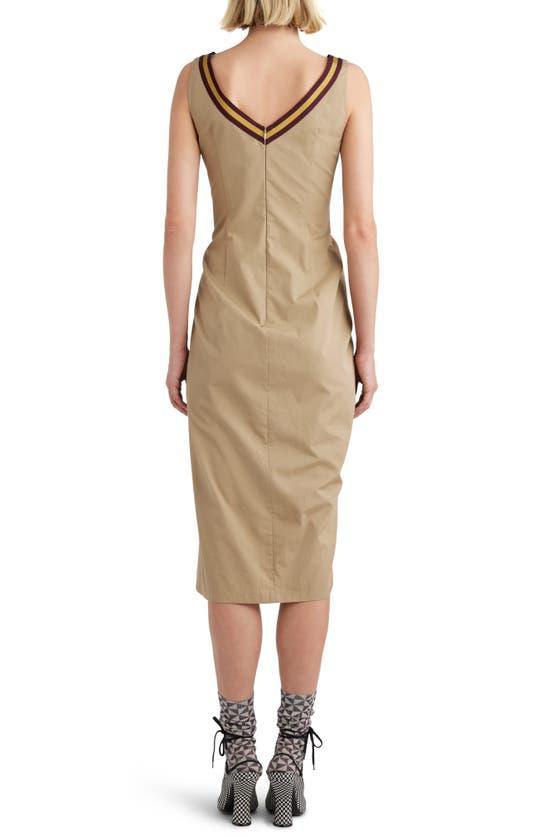 Rugby Stripe Trim Asymmetric Ruffle Cotton Poplin Dress In Beige Product Image