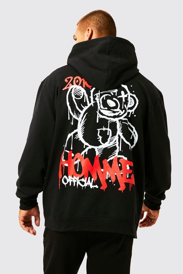 Mens Black Oversized Graffiti Teddy Graphic Hoodie, Black Product Image