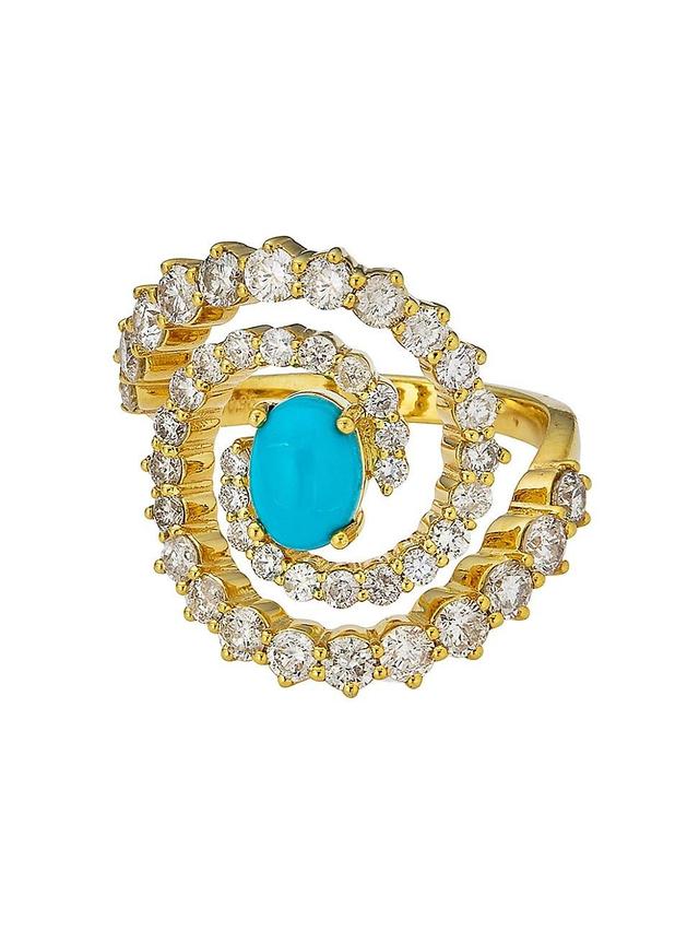 Womens 14K Yellow Gold, Turquoise & 1.93 TCW Diamond Swirl Ring Product Image