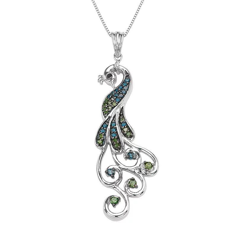 Sterling Silver 1/3 Carat T.W. Diamond Peacock Pendant Necklace, Womens Multicolor Product Image