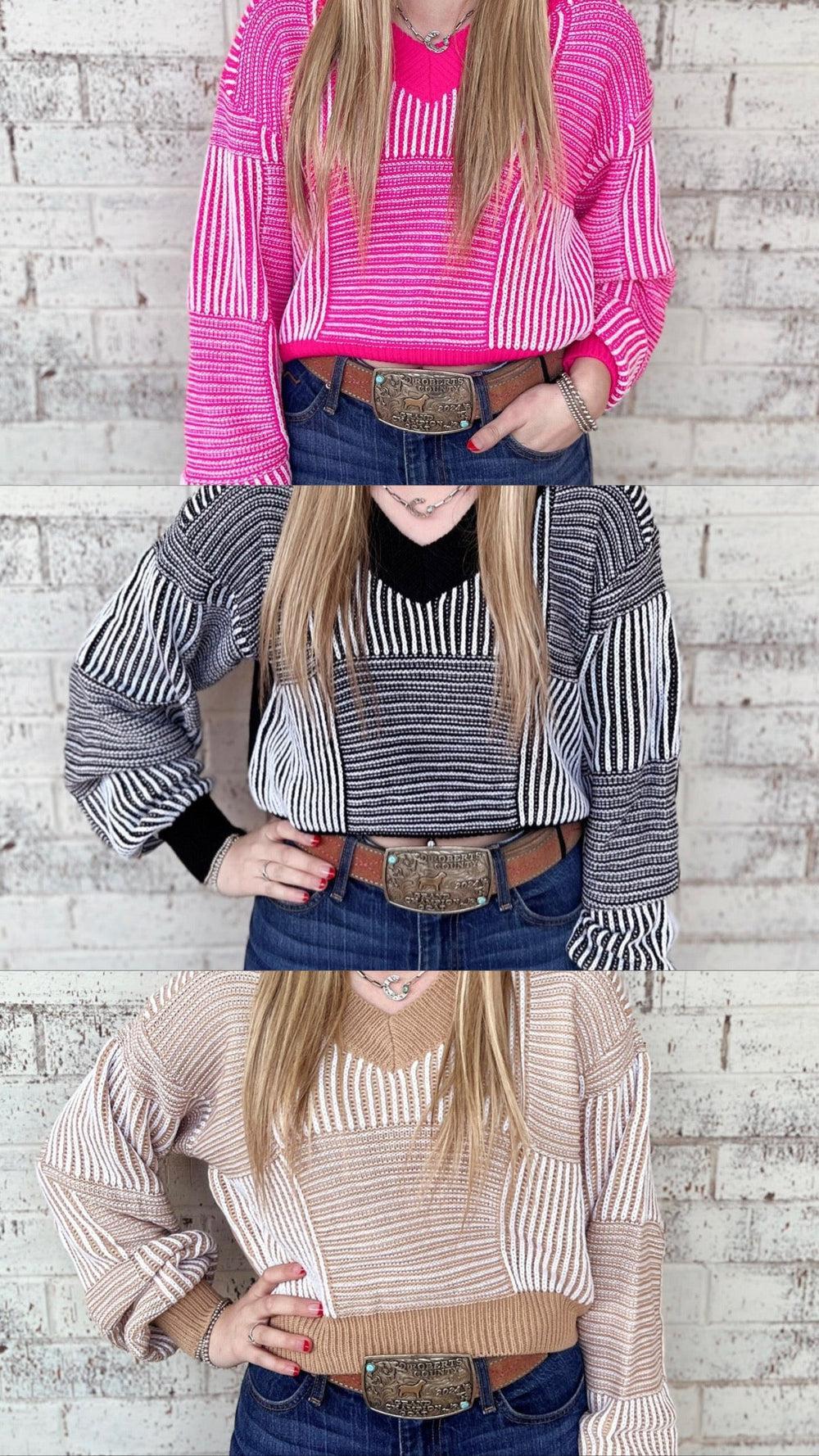 Striped Lantern Sleeve Cropped Sweater - 3 Colors Product Image