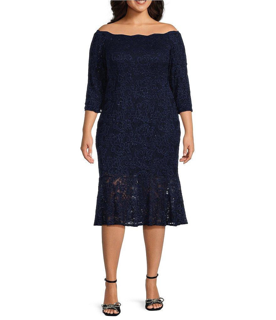 Alex Evenings Plus Size 3/4 Sleeve Scalloped Off-The-Shoulder Flounce Hem Lace Dress Product Image