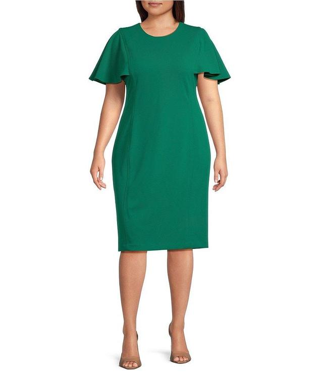 Calvin Klein Plus Size Scuba Crepe Short Flutter Sleeve Crew Neck Sheath Dress Product Image