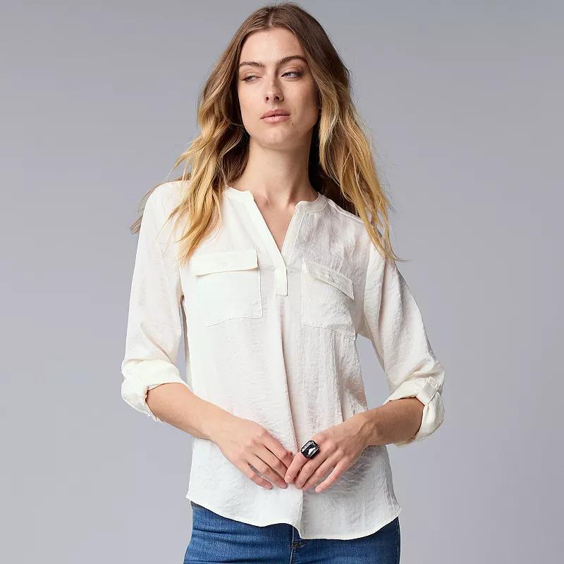 Petite Simply Vera Vera Wang Pockets Roll Tab Popover Blouse, Womens Product Image