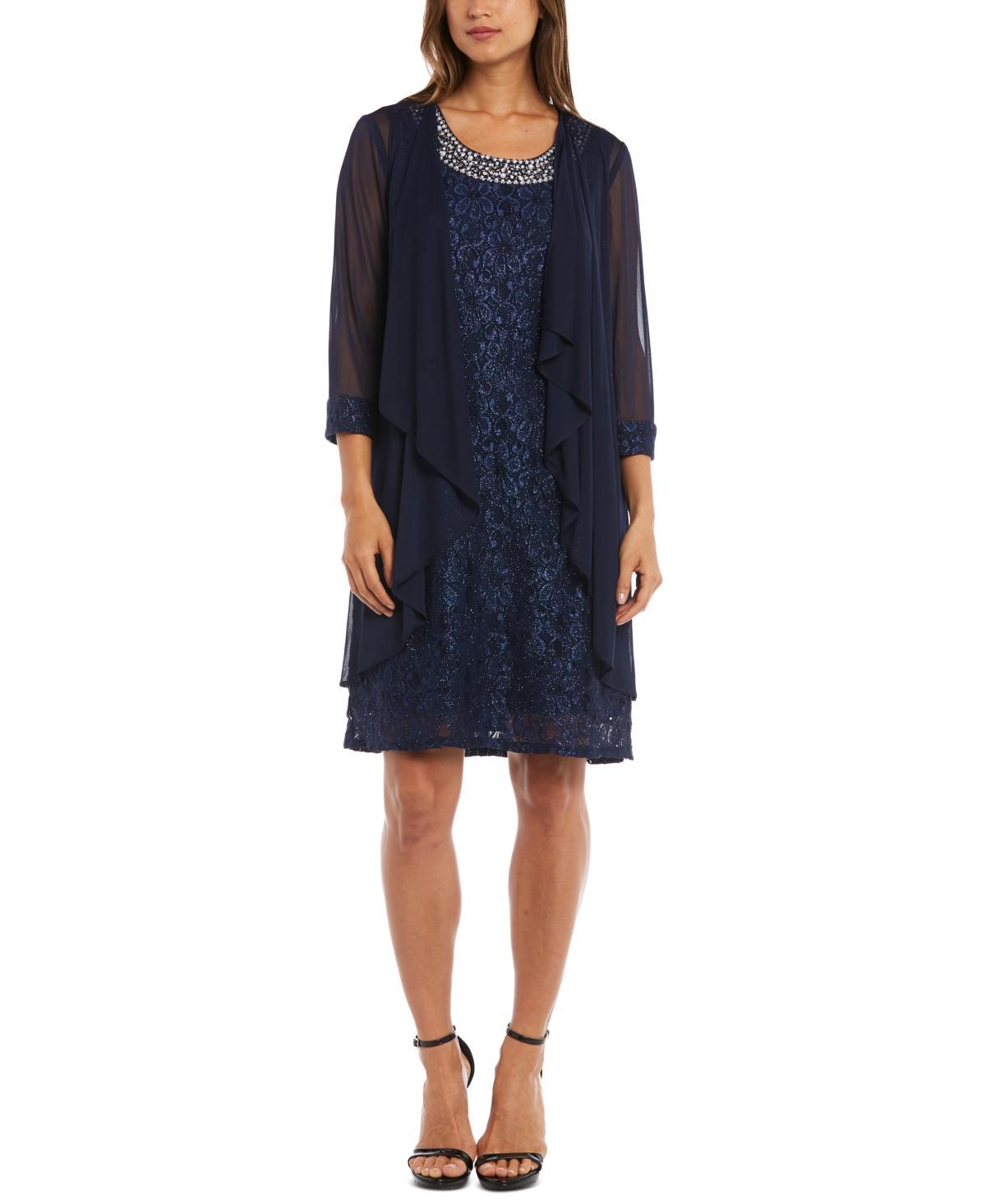 R & M Richards Women's Petite Bead Neck Dress And Flyaway Sheer Jacket Set, Navy, 4P Product Image