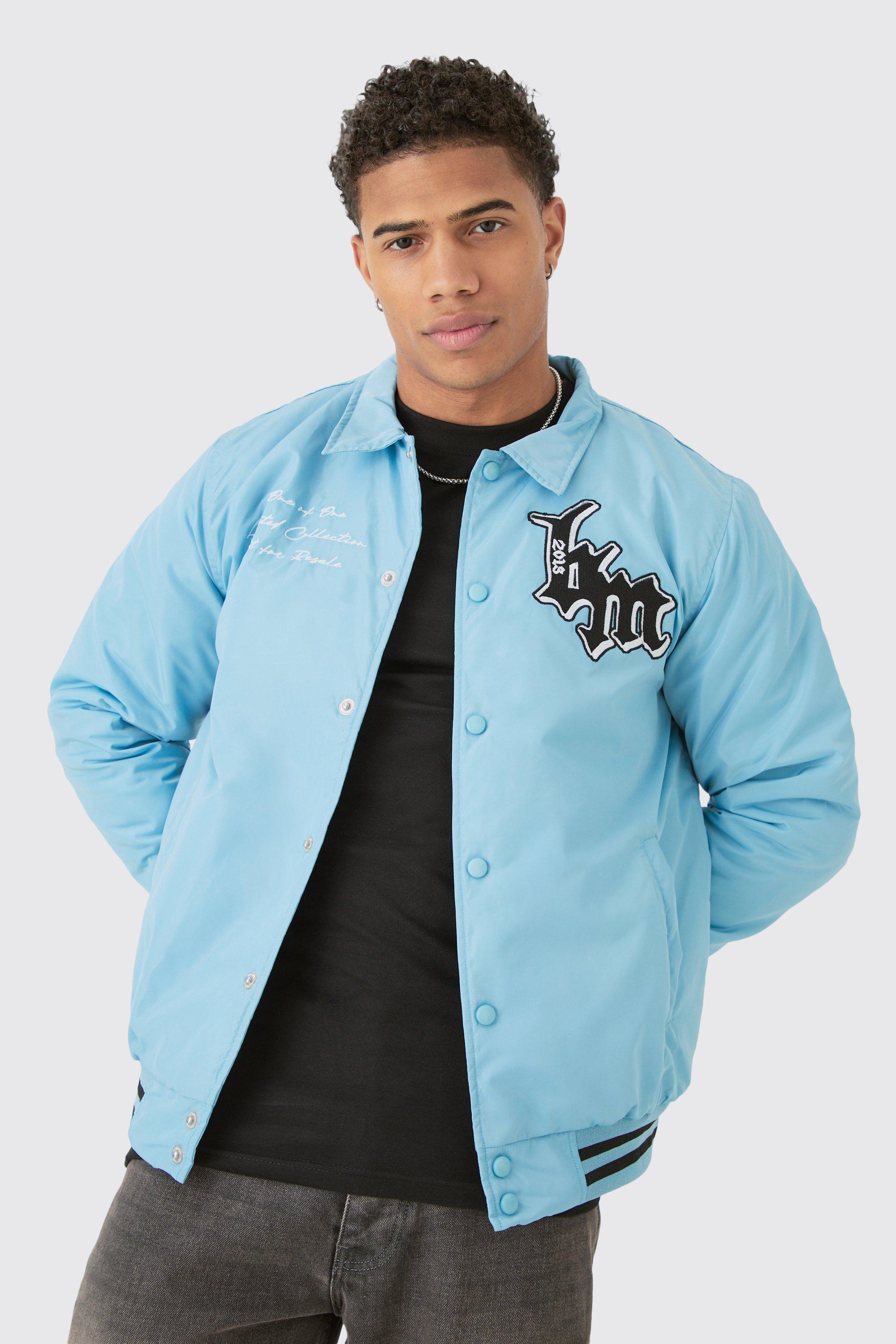 Mens Nylon BM Badge Collared Varsity Bomber Jacket In Blue, Blue Product Image