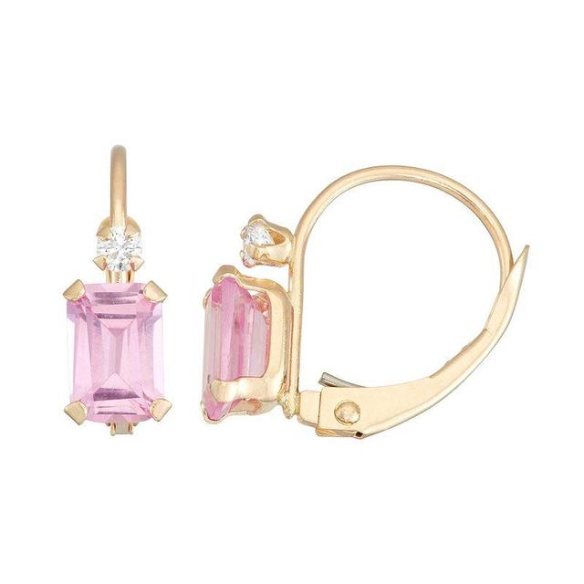 Designs by Gioelli 10k Gold Emerald-Cut Lab-Created Pink Sapphire & White Zircon Leverback Earrings, Womens Product Image