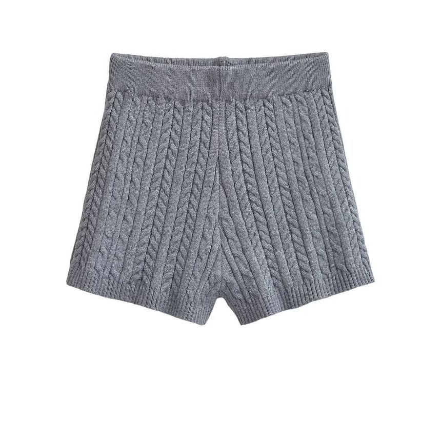 High Waist Plain Cable Knit Shorts Product Image