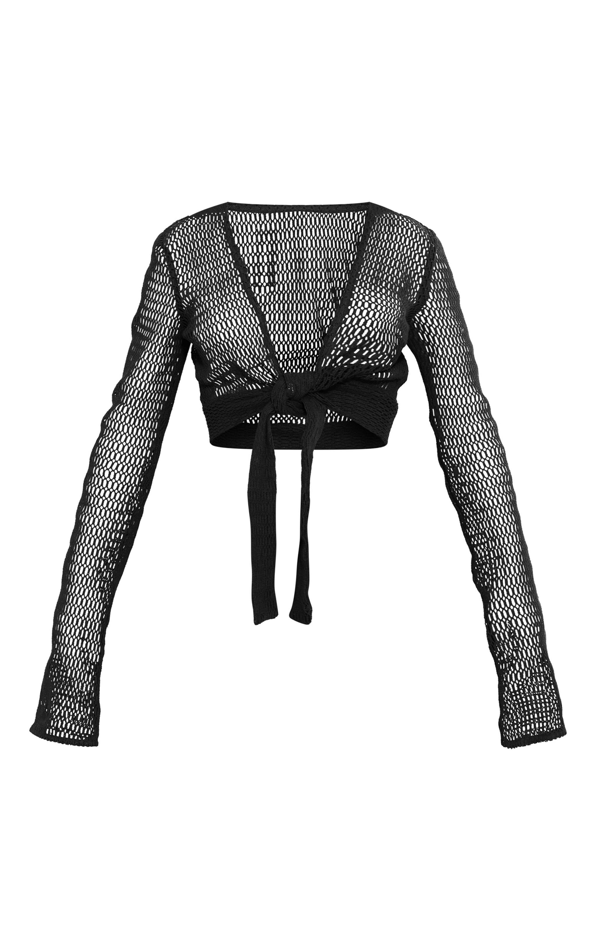 Black Textured Knit Tie Front Blouse Product Image