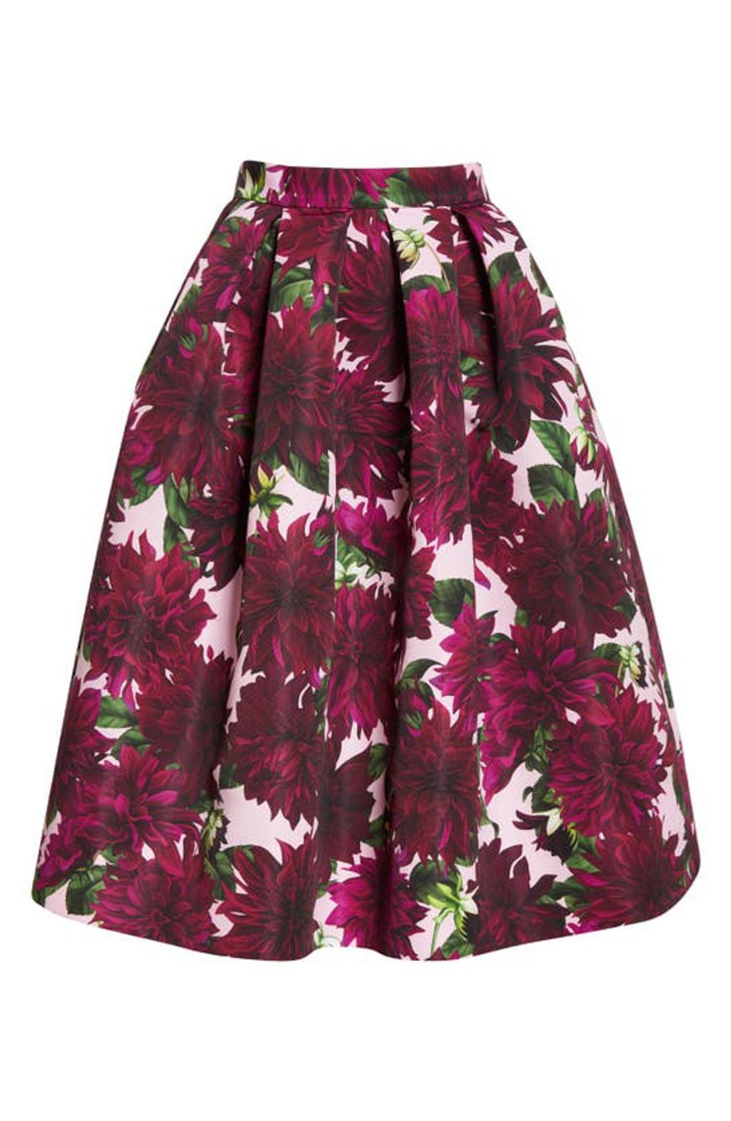 Dahlia Floral Faille Midi Skirt In Burgundy Pink Product Image