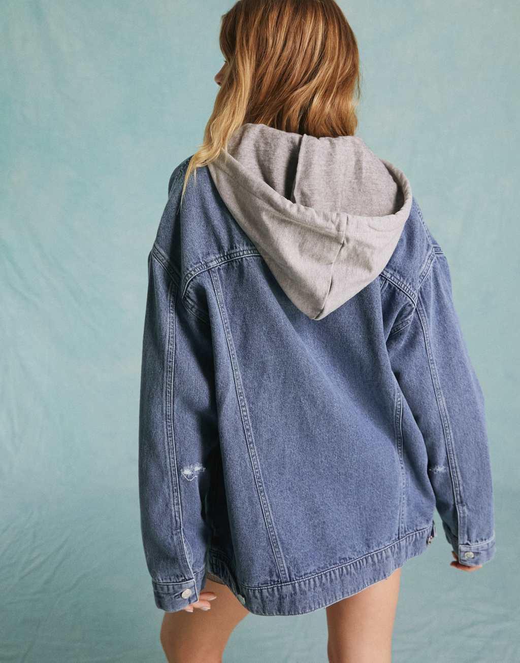 Miss Selfridge denim jacket with hood in blue wash Product Image