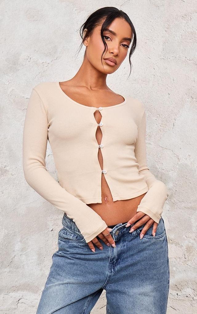 Cream Ribbed Button Down Fitted Long Sleeve Top Product Image