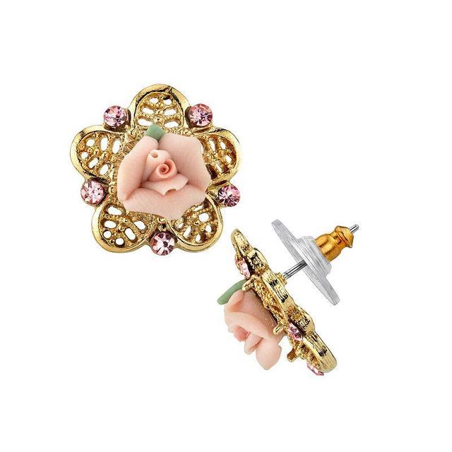 1928 Pink Porcelain Rose & Simulated Crystal Stud Earrings, Womens Product Image