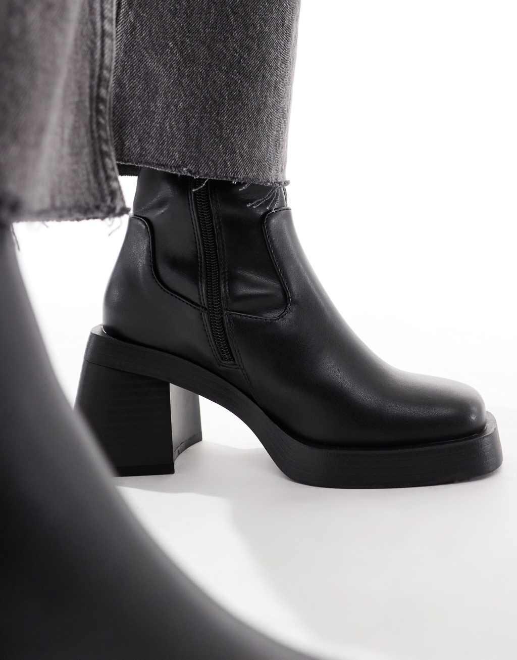 ASOS DESIGN Wide Fit Rome square toe mid-heel platform boots in black Product Image