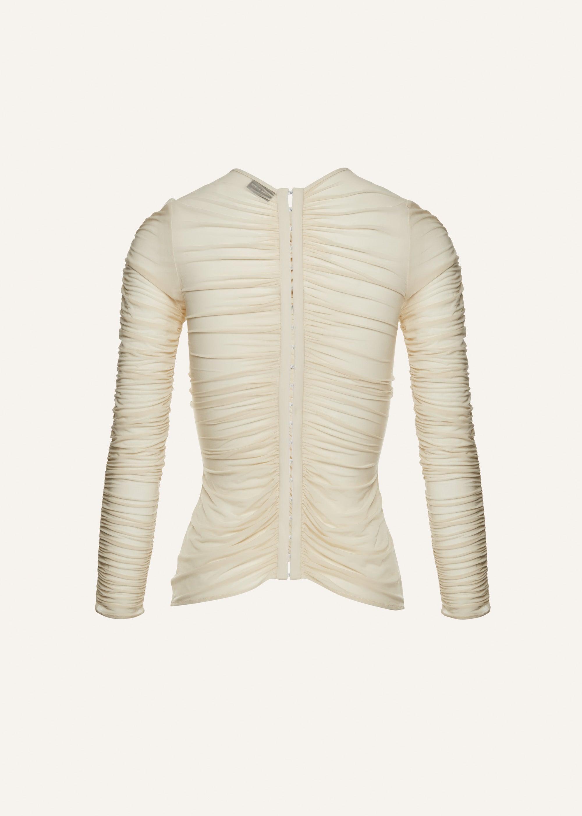 Sheer ruched rose appliqué top in beige Product Image