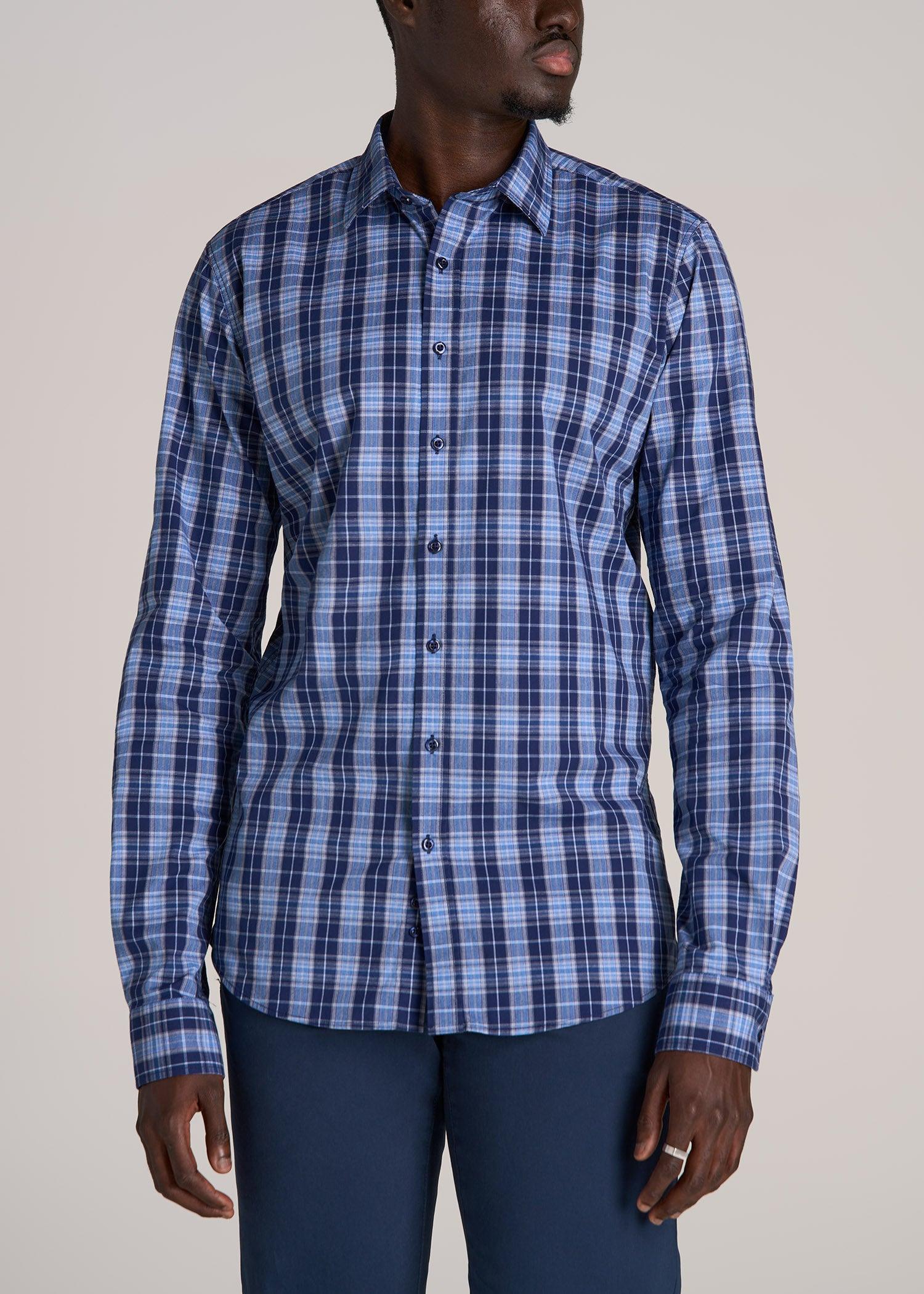 Oskar Button-Up Shirt for Tall Men in Navy Blue Plaid Product Image