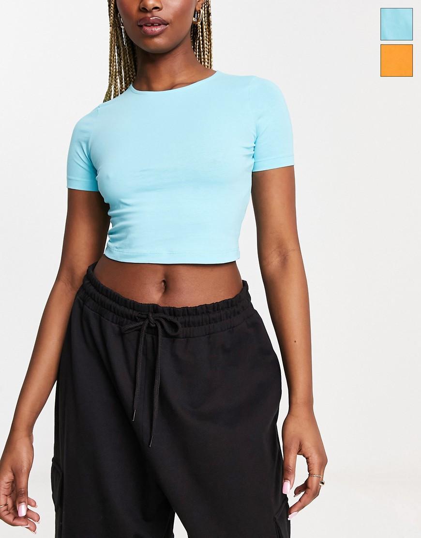 ASOS DESIGN fitted crop t-shirt 2 pack in bright orange and blue Product Image