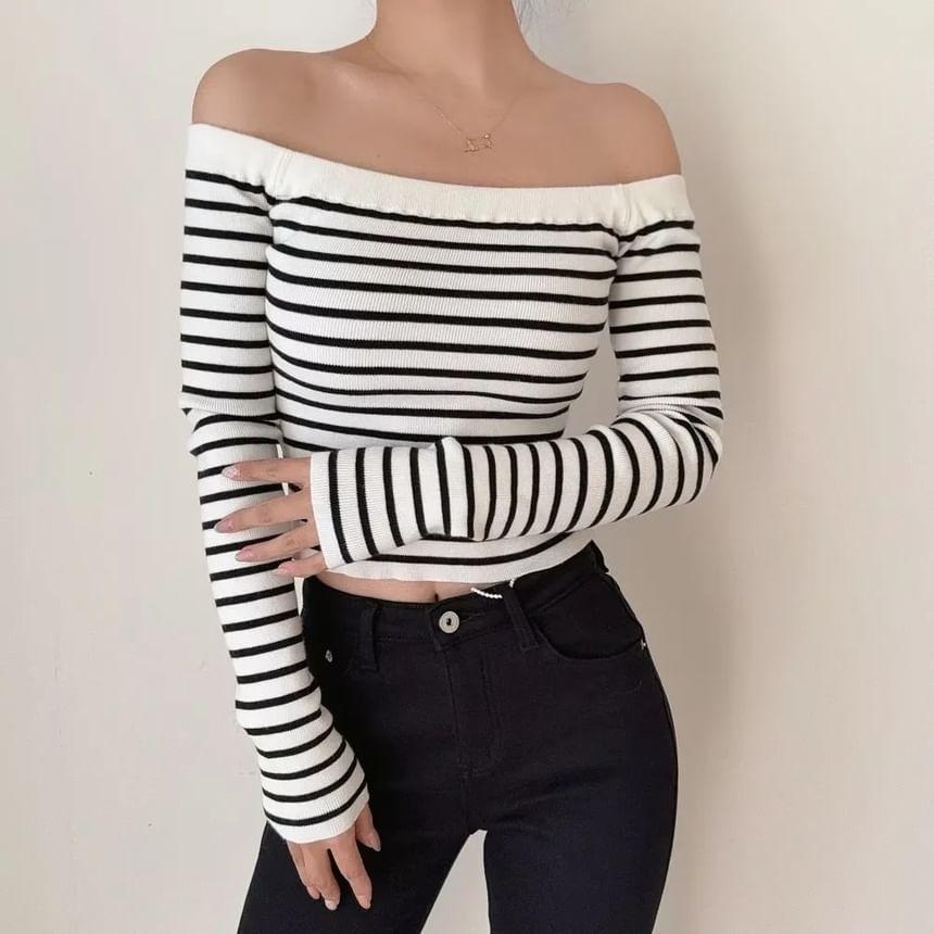 Long-Sleeve Off Shoulder Striped Crop Knit Top Product Image