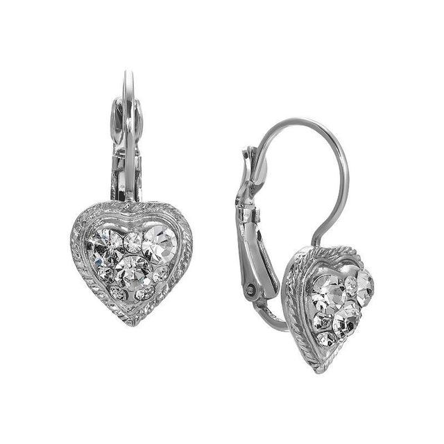 1928 Silver Tone Crystal Heart Drop Earrings, Womens, White Product Image