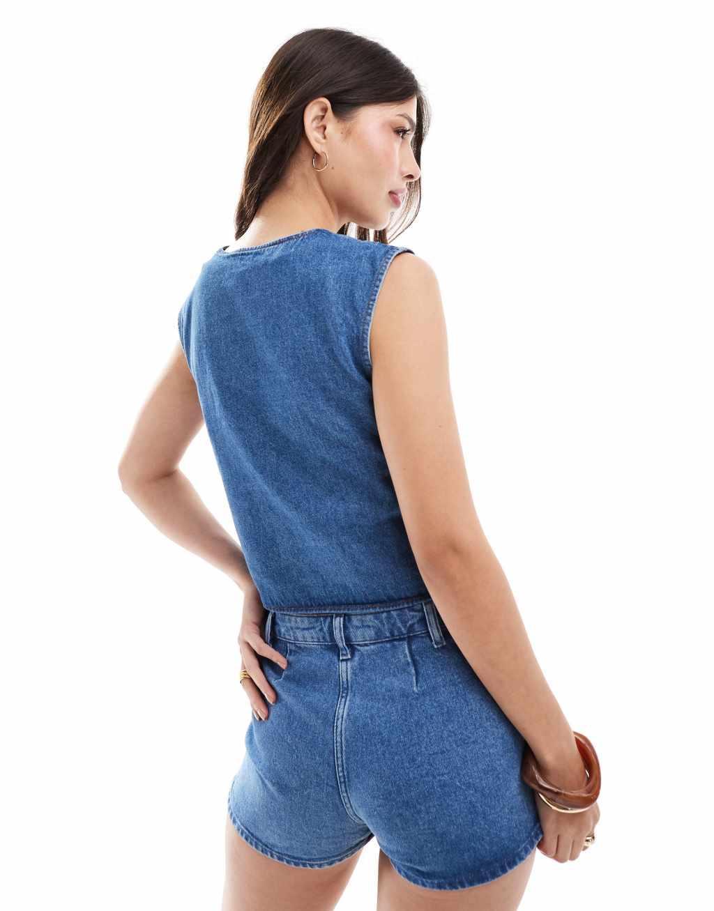 ASOS DESIGN denim wrap top in mid blue Product Image