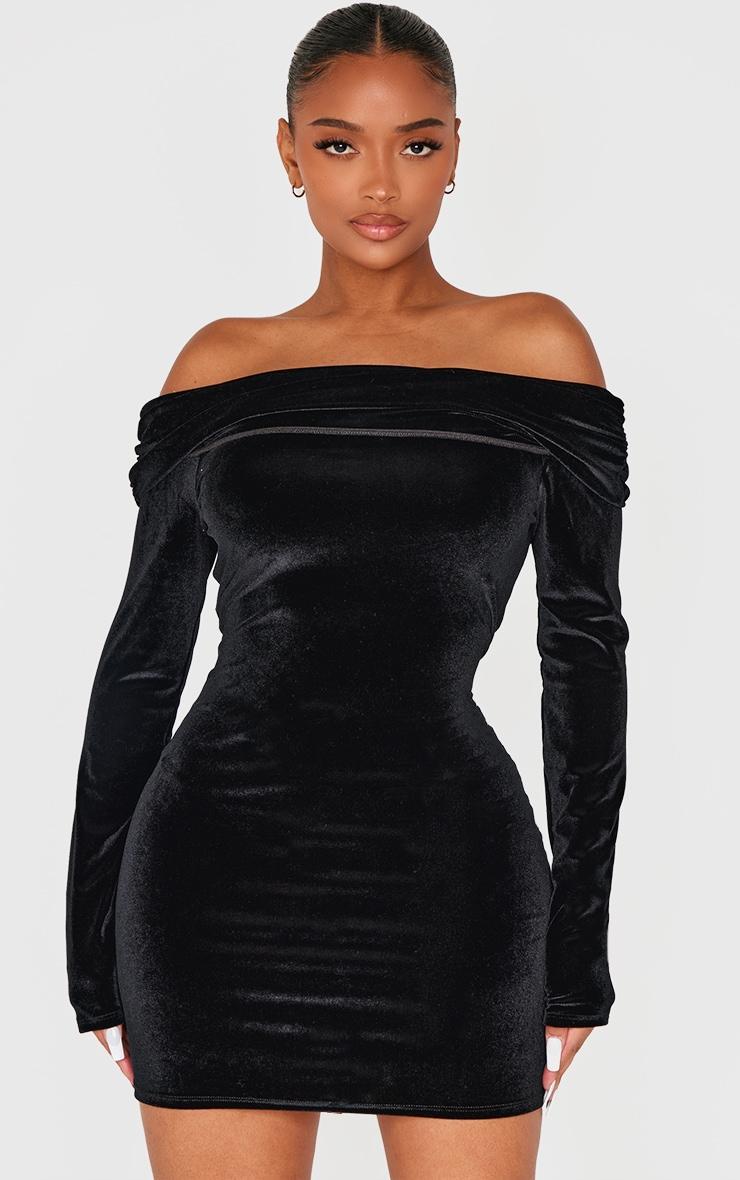 Shape Black Velour Bardot Fold Over Long Sleeve Mini Dress Product Image