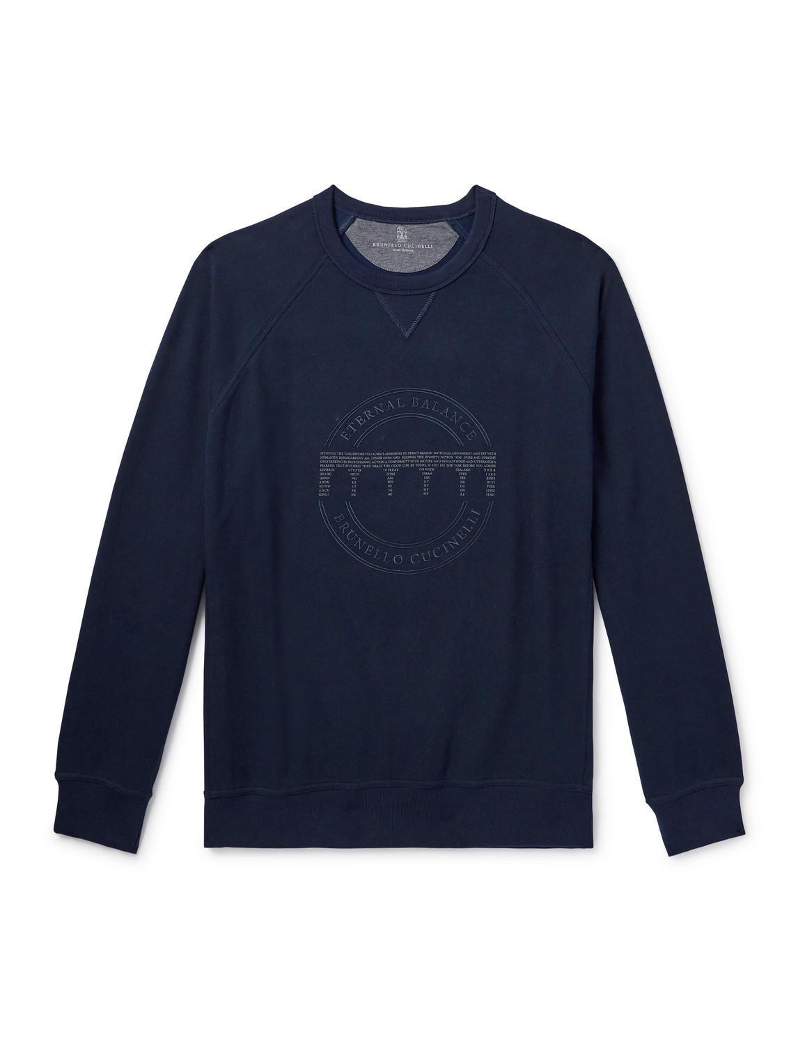 BRUNELLO CUCINELLI Logo-embroidered Printed Cotton-blend Jersey Sweatshirt In Blue Product Image