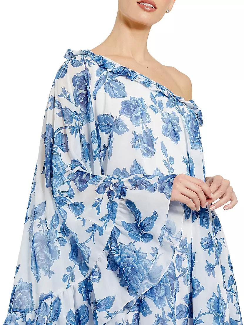 Floral Chiffon One-Shoulder Cape Midi-Dress Product Image