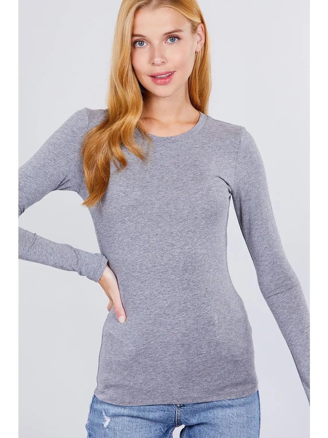 Gray Long Sleeve Crew Neck Cotton Spandex Jersey Top Female Product Image