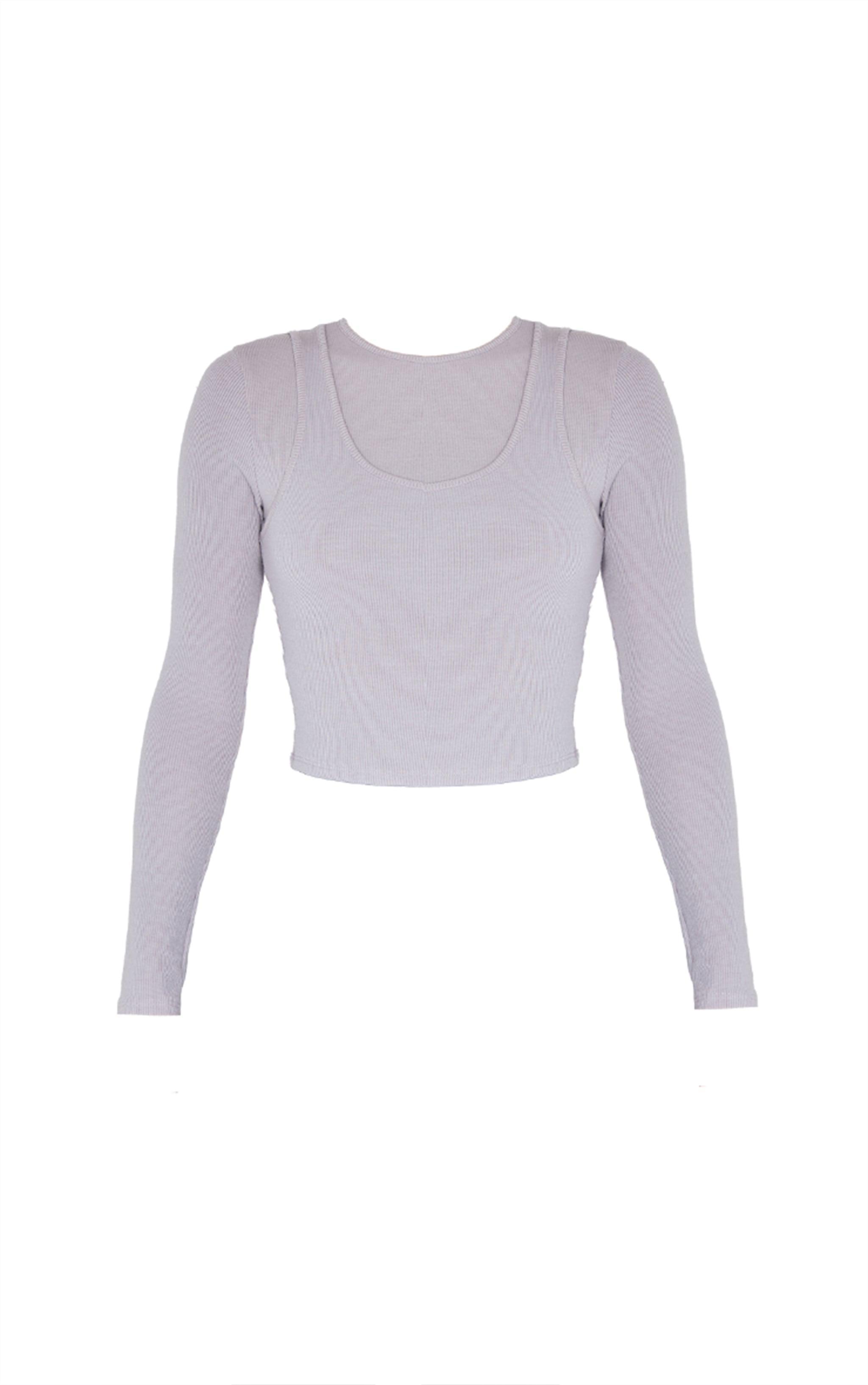 Grey Marl Ribbed Double Layer Detail Long Sleeve Top Product Image